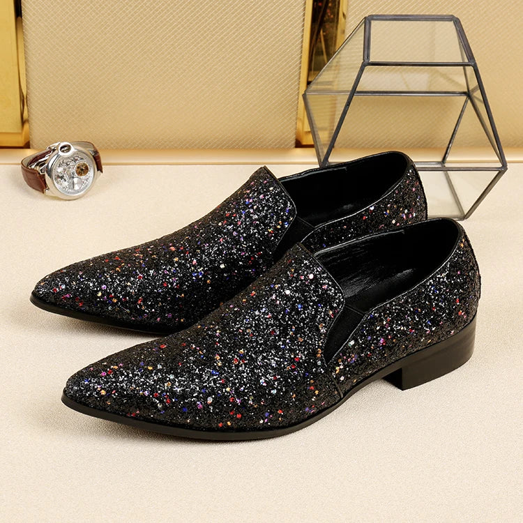 Designer shoes luxury 2022 red glitter mens wedding party dress shoes flat genuine leather velvet smoking slipper mocassin homme