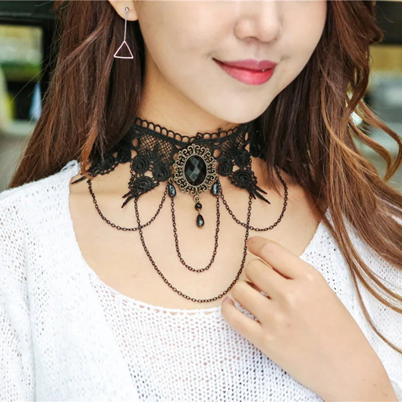 YiYaoFa Handmade Exaggerated Jewelry Set Gothic Jewelry Black Lace Necklace & Earring Women Accessories Party Jewelry FYS-01