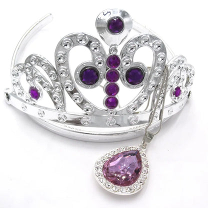 Kids Girls Princess Sofi The First Purple Teardrop Amulet Chain Necklaces Tiara Crown Hair Clip Jewelry Set Gift For Child 1Set