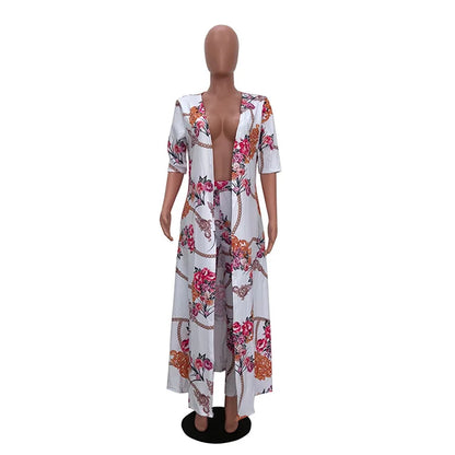 Summer 2 Piece Set Women Cardigan Long Trench Tops And Bodycon Pant Suit Casual Clothes Boho Sexy Two Piece Outfits