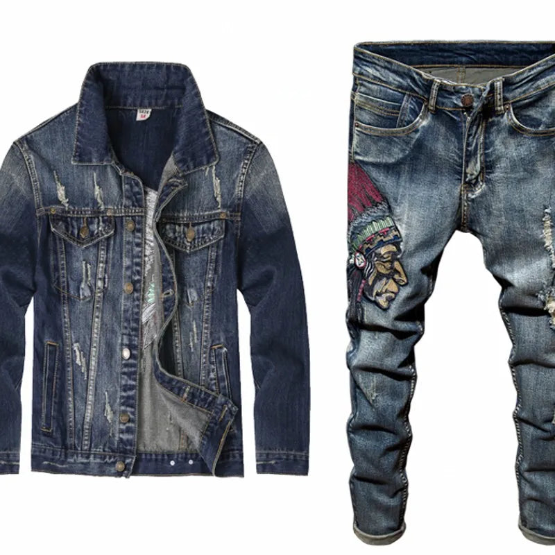 Spring Newest Fashion Men's Sets Vintage Embroidery Punk Style Long Sleeve Campera Hombre Hole Ripped Denim Pants Man Suit