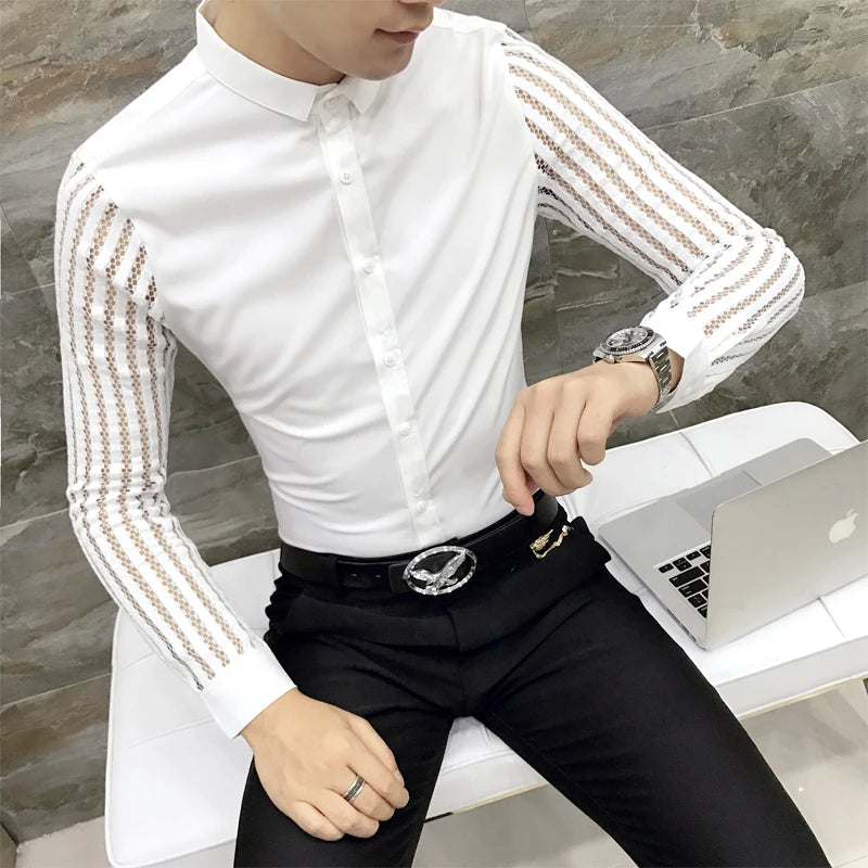 2021 New Mens Black White Lace Hollow Patchwork Shirt Long Sleeve Luxury  Party Promshirt Men's Petticoat Nightclub Dress Tuxedo