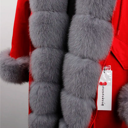 MAOMAOKONG  Winter Women Coat Natural Fox Fur Collar Cuff Black Jackets Outwear Thick Luxury Real Fur Parka Women's Fur Coat
