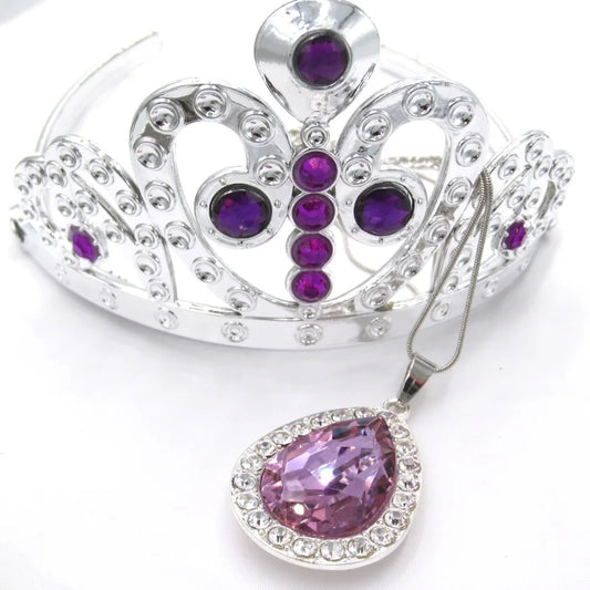 Kids Girls Princess Sofi The First Purple Teardrop Amulet Chain Necklaces Tiara Crown Hair Clip Jewelry Set Gift For Child 1Set