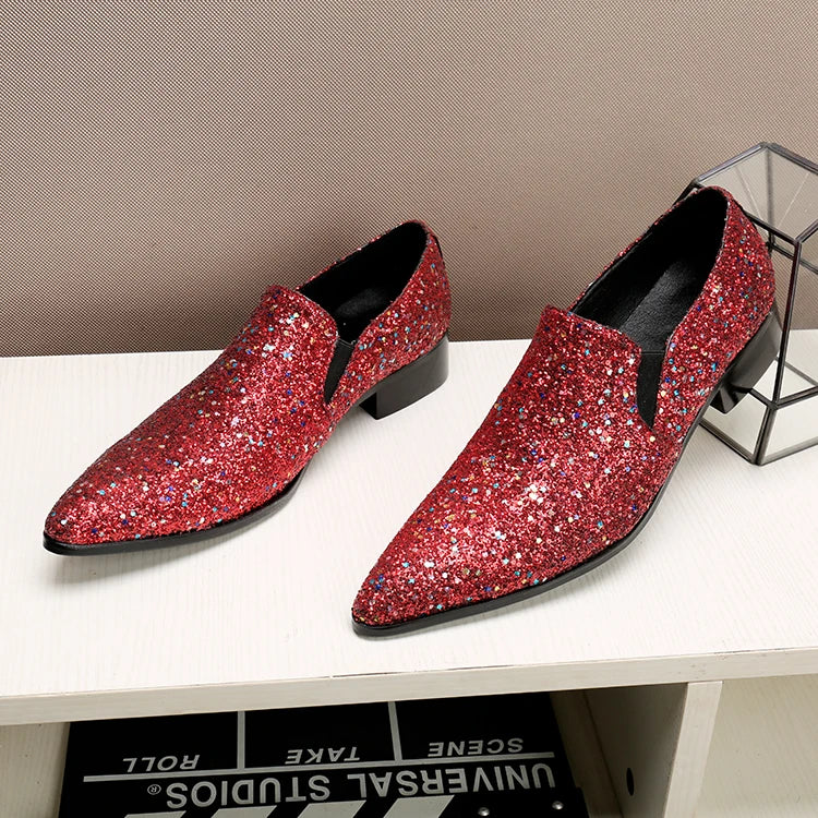 Designer shoes luxury 2022 red glitter mens wedding party dress shoes flat genuine leather velvet smoking slipper mocassin homme