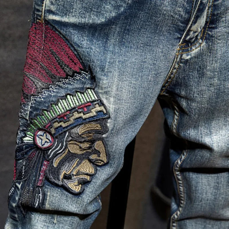 Spring Newest Fashion Men's Sets Vintage Embroidery Punk Style Long Sleeve Campera Hombre Hole Ripped Denim Pants Man Suit