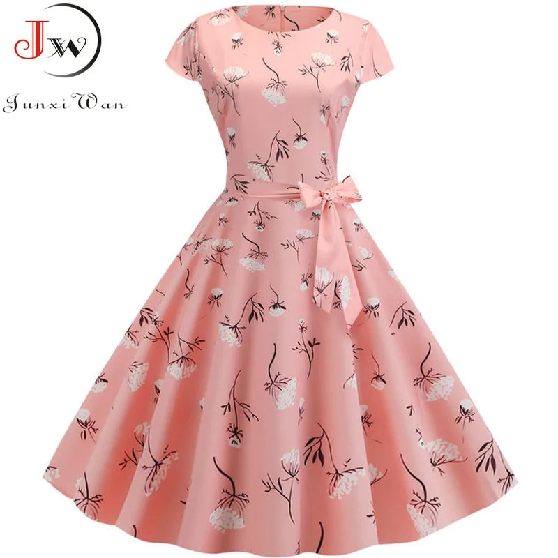 Vintage Dress Women Summer Short Sleeve Elegant Polka Dot Midi Casual Office Party Dress 50s 60s Pin Up Rockabilly Dresses