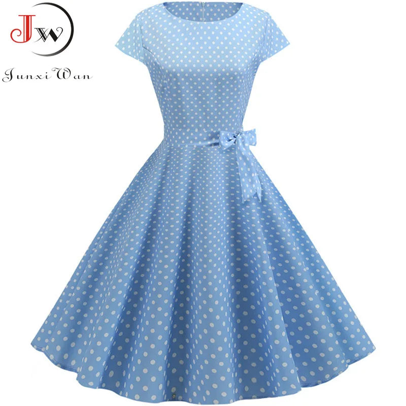 Vintage Dress Women Summer Short Sleeve Elegant Polka Dot Midi Casual Office Party Dress 50s 60s Pin Up Rockabilly Dresses
