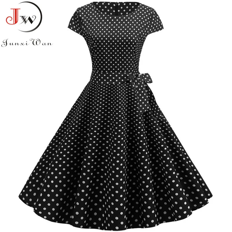 Vintage Dress Women Summer Short Sleeve Elegant Polka Dot Midi Casual Office Party Dress 50s 60s Pin Up Rockabilly Dresses