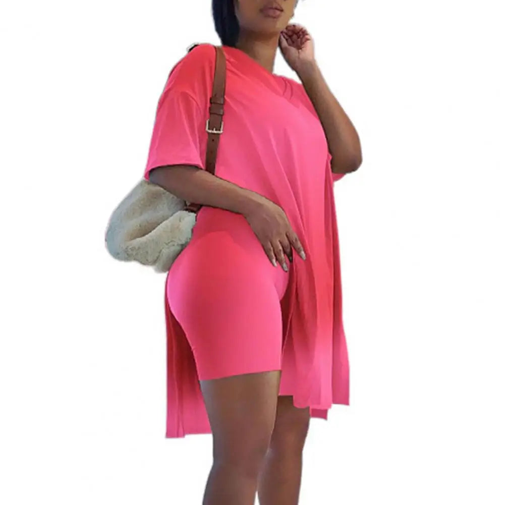 Short Sleeve Solid Color Women Outfit Two Piece Tunic Top Bodycon Shorts Set for Lounge