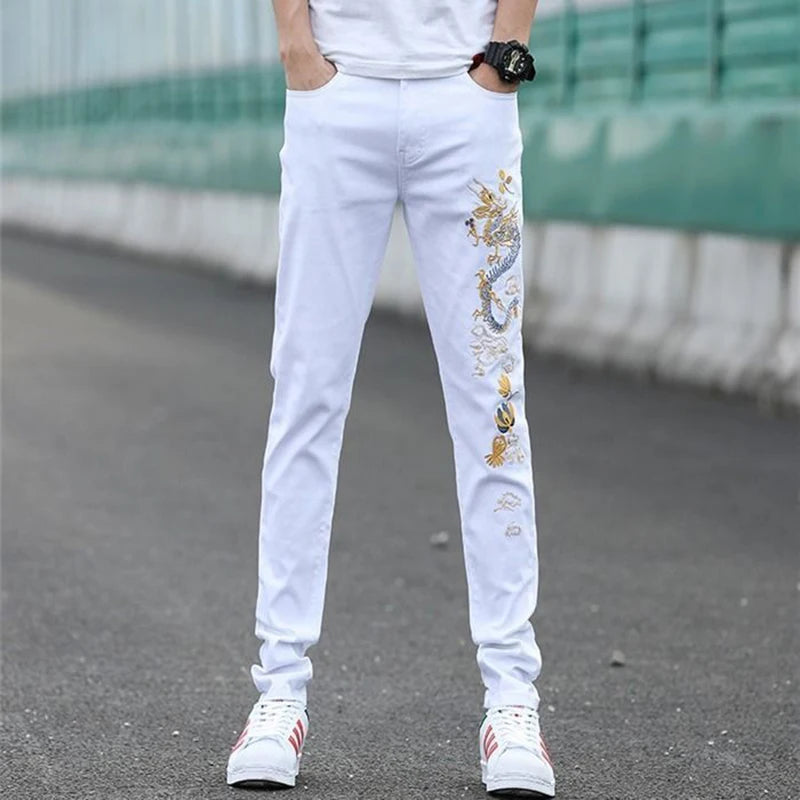 Korea Version Men’s High Quality White Jeans, Embroidery Slim Stretch Jeans,Light Luxury Sexy Jeans, Stylish Street Jeans;