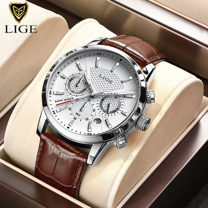 New Mens Watches LIGE Top Brand Luxury Leather Casual Quartz Watch Men's Sport Waterproof Clock Watch Relogio Masculino+Box