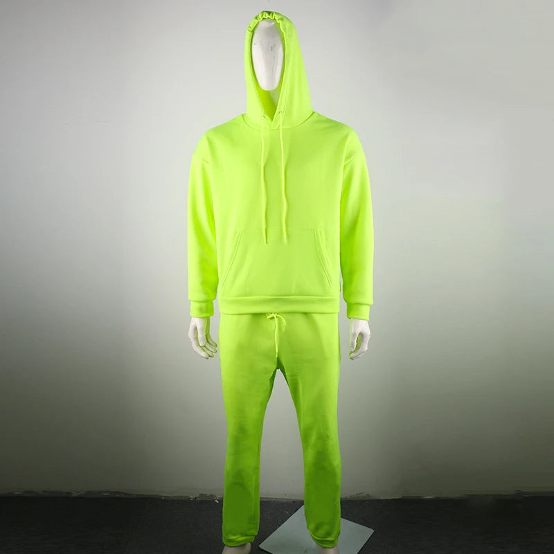 Neon Green Style Men's Fashion Tracksuit Solid 2 Pieces Long Sleeve Hoody+Loose Swearpants Casual Sportsuit Men  Newest OMSJ