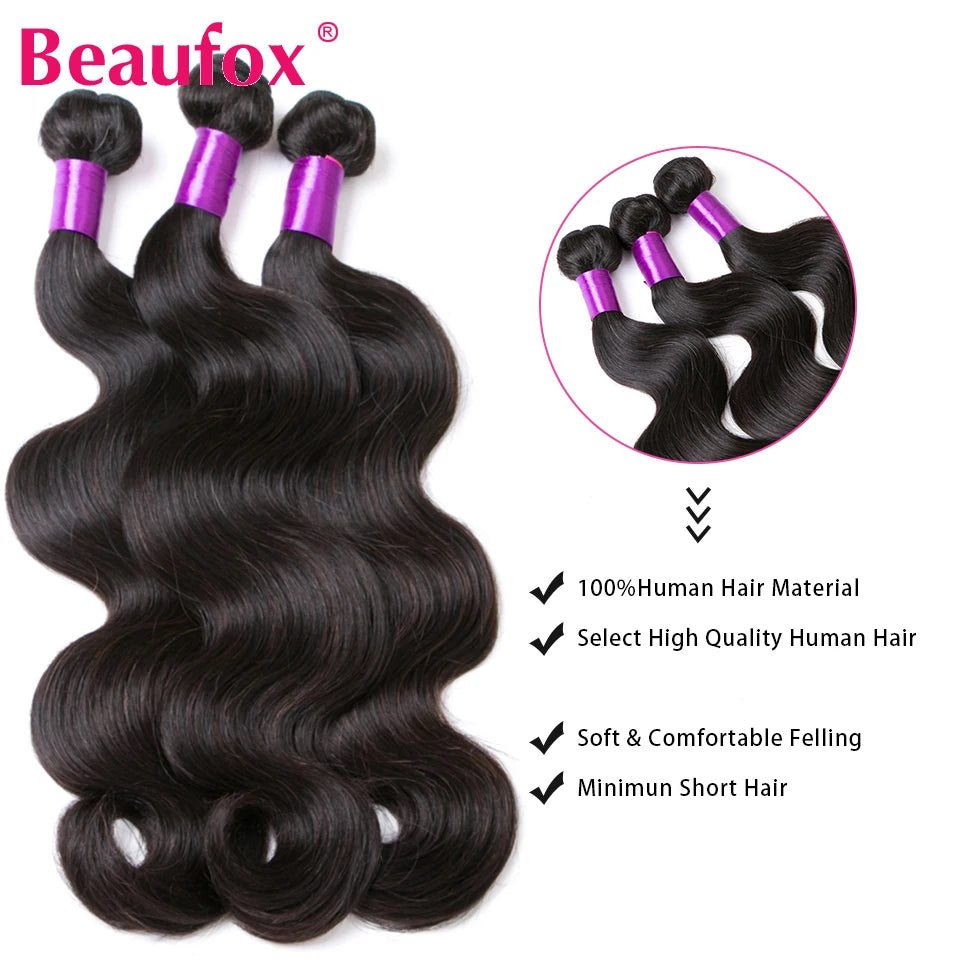 Beaufox Body Wave Bundles mit Verschluss Brasilianisches Echthaar-Gewebe 3/4 Bundles mit Verschluss Natürliches Echthaar Bundles mit Verschluss