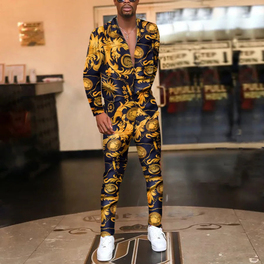 Men's Fashion Men Outfit Set Autumn Clothes Men's Graffiti Print Long Sleeve Men's Shirts  Casual Pants Two-piece Set