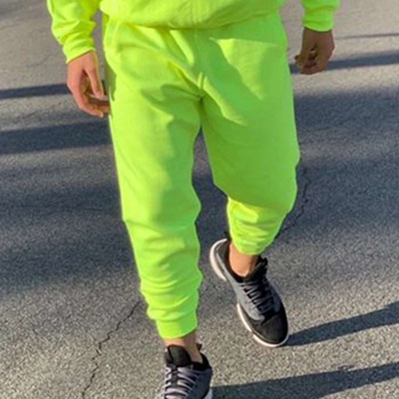 Neon Green Style Men's Fashion Tracksuit Solid 2 Pieces Long Sleeve Hoody+Loose Swearpants Casual Sportsuit Men  Newest OMSJ