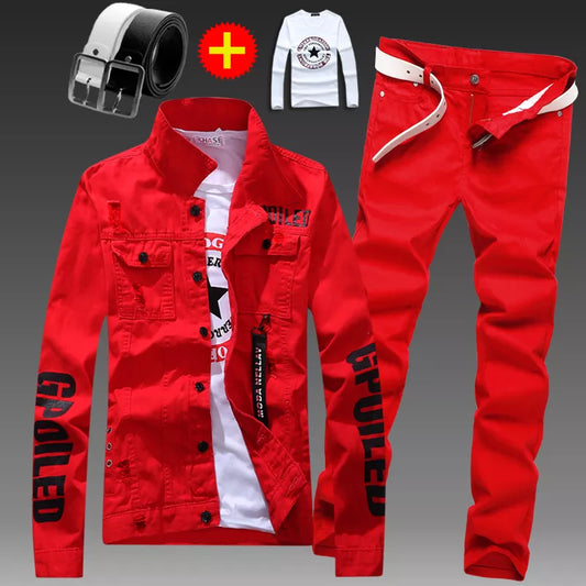 Men's Slim Fit Denim Jacket Pants 2pcs Set Long Sleeve Coats Letters Printed Casual Large Size Black White Red Boys Trousers