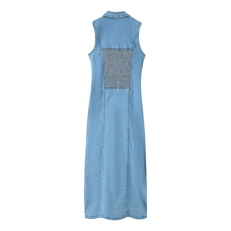 ZATRHMBM  New Fashion Button-Up Denim Dress Retro Casual Sleeveless Lapel Elegant Lady Fashion Dress
