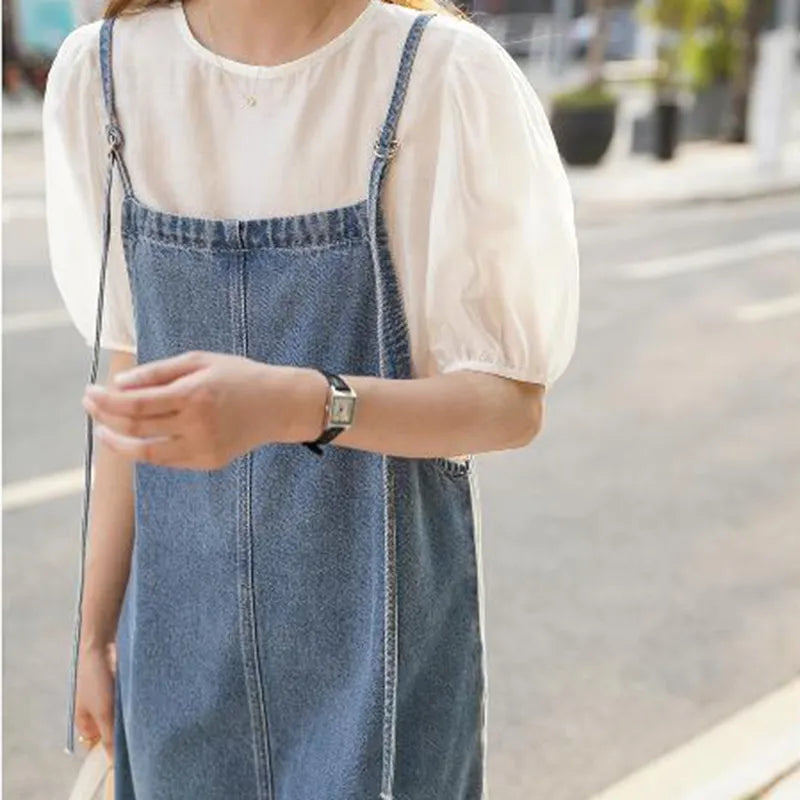 Summer Sleeveless Dress Women Vintage Split Harajuku Korean Sundress Blue Mid-calf Adjustable Strap High Street Simple Irregular