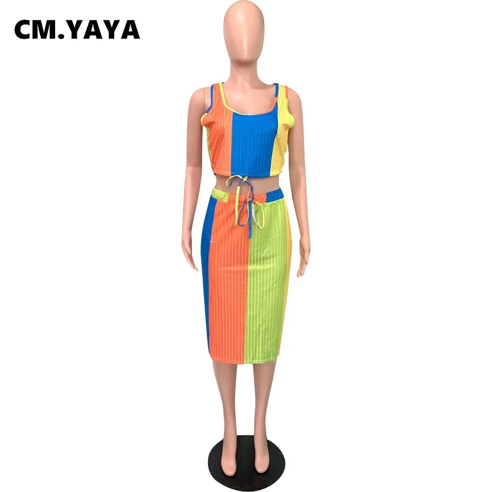 CM.YAYA Women Plus Size Set Patchwork Crop Tanks Tops Drawstring Waist Midi Skirts Two 2 Piece Sets Sexy Fashion Outfit Summer