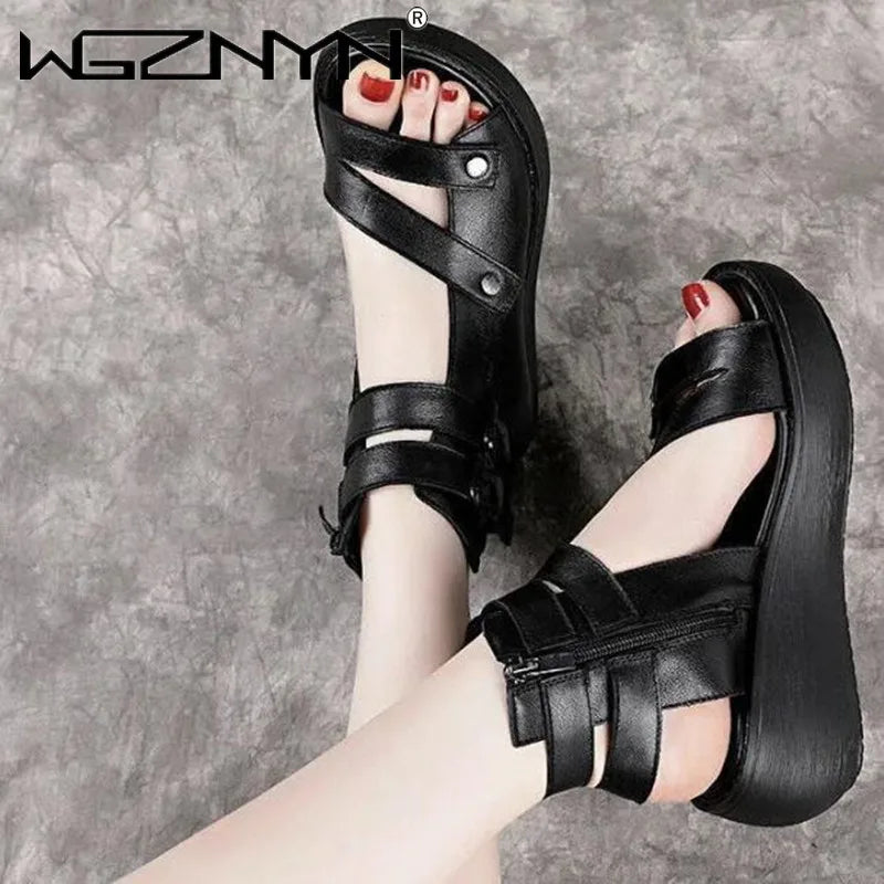 2023 Fish Mouth High Quality Soft PU Leather And Cowhide Summer Roman Shoes Women Sandals Platform Heighten Shoe Wedges Sandals