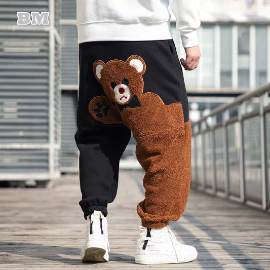 Fashion Bear Cartoon Pattern Fleece Casual Pants Autumn Winter Loose Plus Size Hip Hop Jogging Pants Streetwear Men Clothing