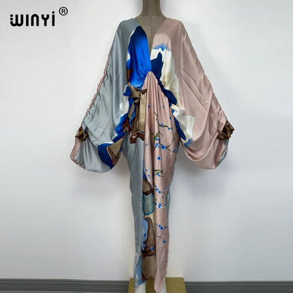Sexy bech high-quality hand-rolled feel silk rayon fashion print  WINYI Maxi women's robes long beach V-neck Bohemian dress