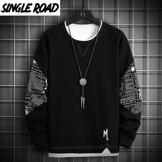 Single Road Crewneck Sweatshirt Men 2023 Spring Harajuku Oversized Japanese Streetwear Black Hoodie Men Sweatshirts Hoodies Male