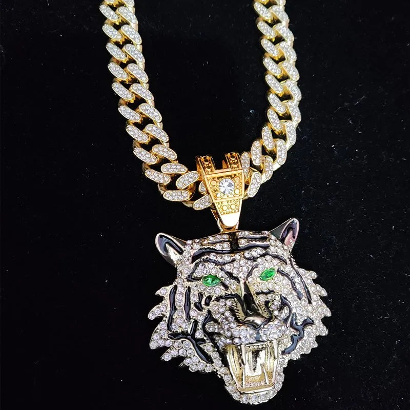 Hip Hop 3D Tiger Pendant Necklace with 13mm Crystal Cuban Chain HipHop Iced Out Bling Necklaces Men Women Fashion Charm Jewelry