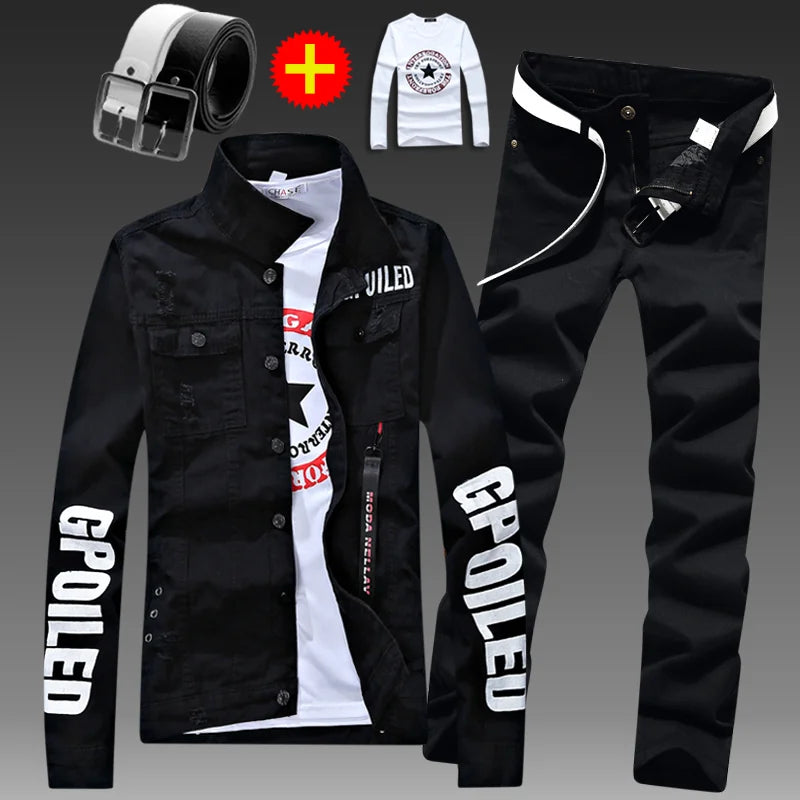 Men's Slim Fit Denim Jacket Pants 2pcs Set Long Sleeve Coats Letters Printed Casual Large Size Black White Red Boys Trousers