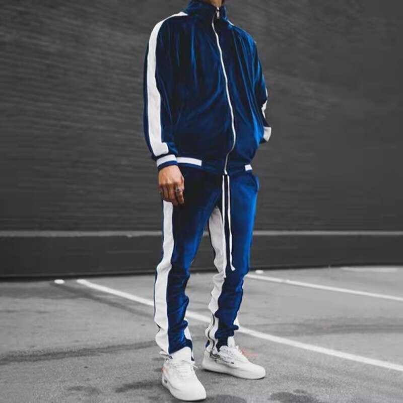 Newest Men Velvet Tracksuits Splicing Sports Suit Male 2-Piece Set Hoodies+ Pants Blue Sweatshirt Spring Autumn Sportswear