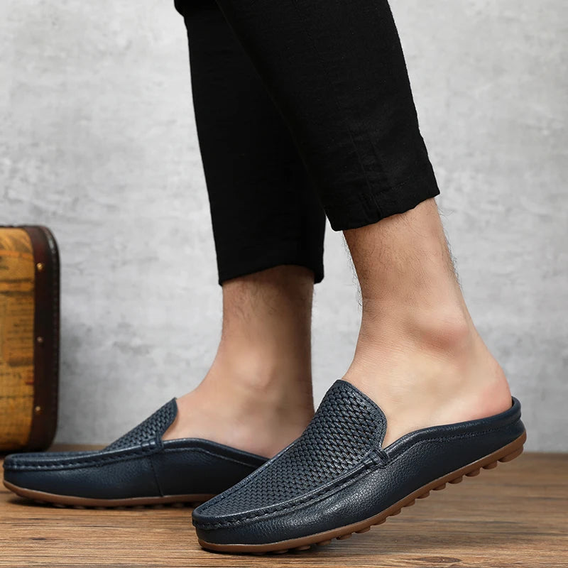 Italian Men Slippers Genuine Leather Loafers Moccasins Outdoor Non-slip Black Casual Slides Summer Spring Fashion Shoes 2020