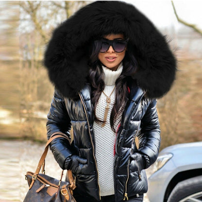 Women Thick Parka Fur Collar Hooded Jacket Coat  Winter Ladies Casual Zipper Short Jacket Fashion Cotton Padded Warm Outwear