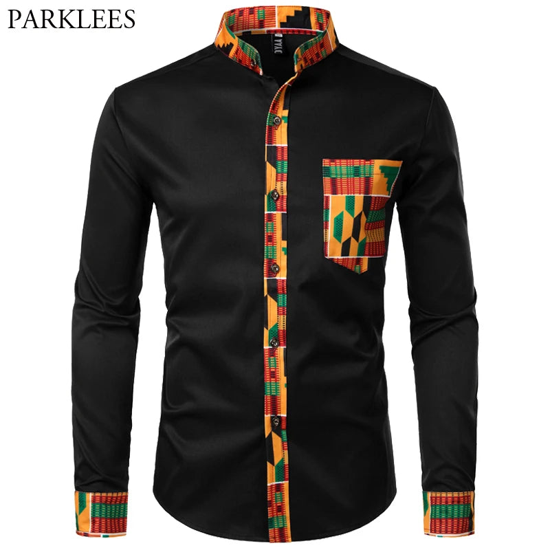 Dashiki African Mens Shirt Patchwork Pocket Africaine Print Shirt Men Ankara Style Long Sleeve Design Collar Mens Dress Shirts