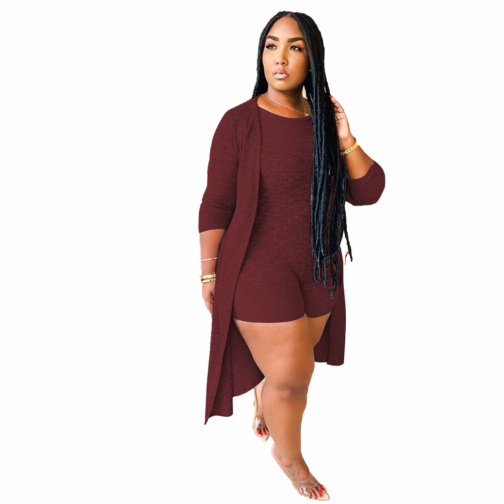 Women Plus Size Casual Two Piece Sets 2021 Spring New Arrivals O-neck Skinny Short Jumpsuits Long Sleeve Midi Cardigan Outfits