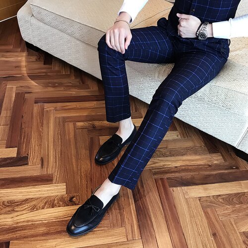 2021Autumn New Men&#39;s suit pants slim plaid slim suit trousers men&#39;s fashion cotton plaid  business casual suit trousers