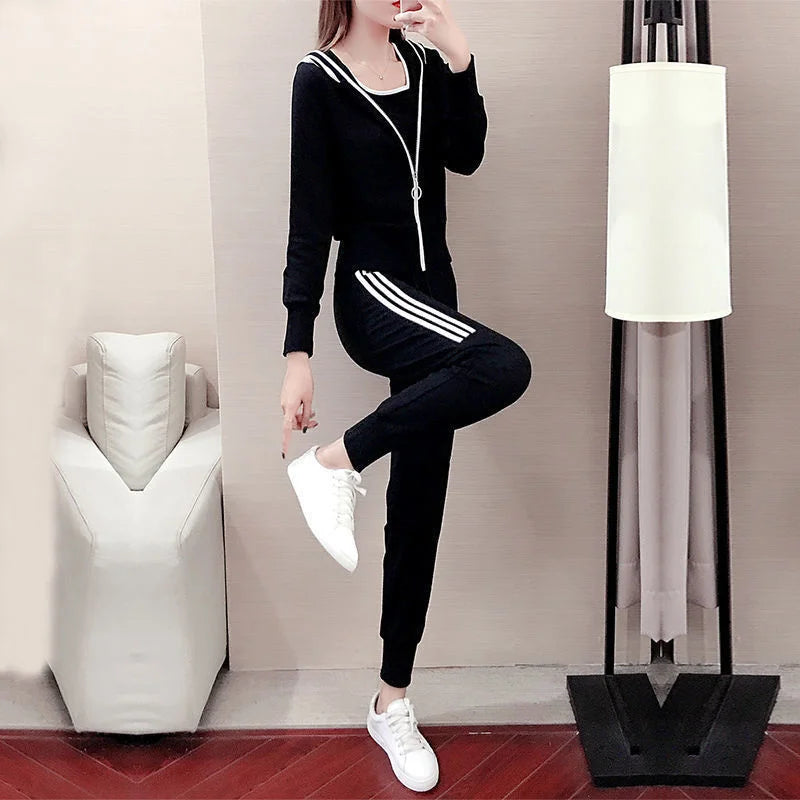 Women's Tracksuit Spring Autumn New Korean Fashion Loose Cropped Hoodie Coat Vest Pants Three Piece Set Jogging Suits For Women