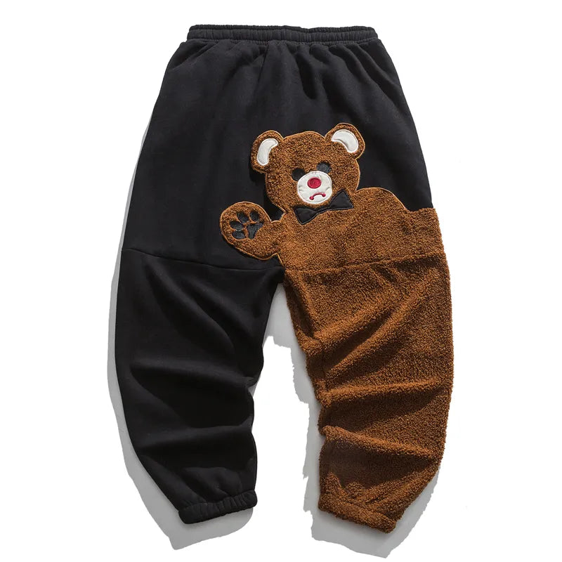 Fashion Bear Cartoon Pattern Fleece Casual Pants Autumn Winter Loose Plus Size Hip Hop Jogging Pants Streetwear Men Clothing