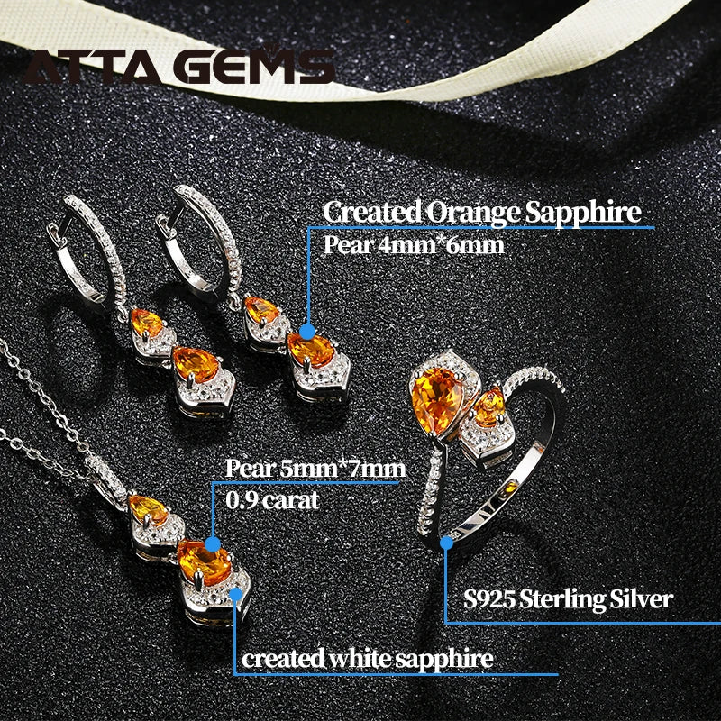 Orange Sterling Silver Jewelry Set Created Orange Sapphire Unique Gemstone Pear Shape Women's Wedding Engagement Jewelry Set