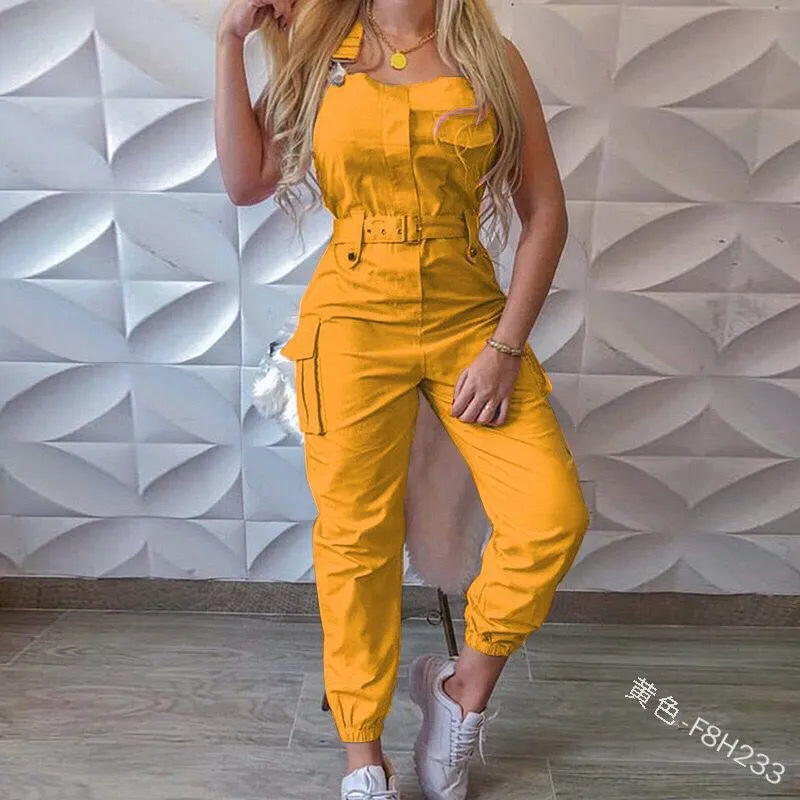 Strap Jumpsuit Women Loose Dungarees Long Rompers Summer Solid Pockets Cargo Pants Female Casual Work Out Playsuits