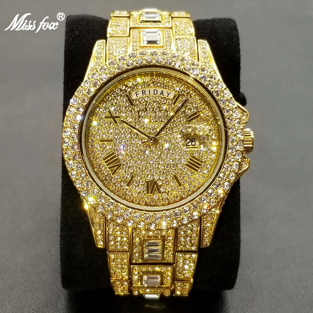 Vollvergoldete Eisuhr für Herren, Luxuriöse goldene Hip-Hop-Diamant-Quarz-Herrenuhren, Wasserdicht, Tagesdatum, Bestsellerprodukt 2023