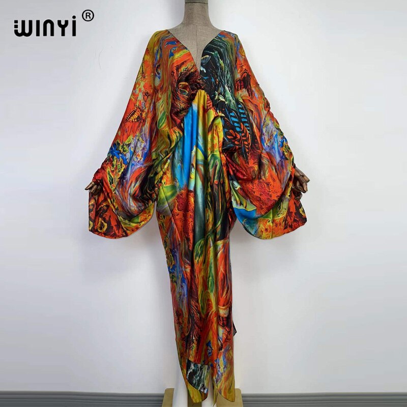 Sexy bech high-quality hand-rolled feel silk rayon fashion print 2021 WINYI Maxi women&#39;s robes long beach V-neck Bohemian dress