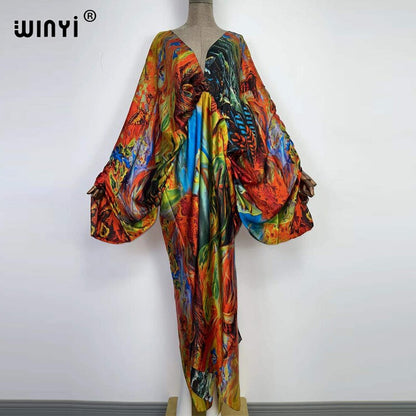 Sexy bech high-quality hand-rolled feel silk rayon fashion print  WINYI Maxi women's robes long beach V-neck Bohemian dress