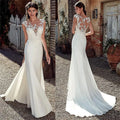 Customized Scoop Short Sleeve Lace Appliques Mermaid Wedding Dresses Natural Slim Buttons Back Women Bride Gown Illusion Vestido
