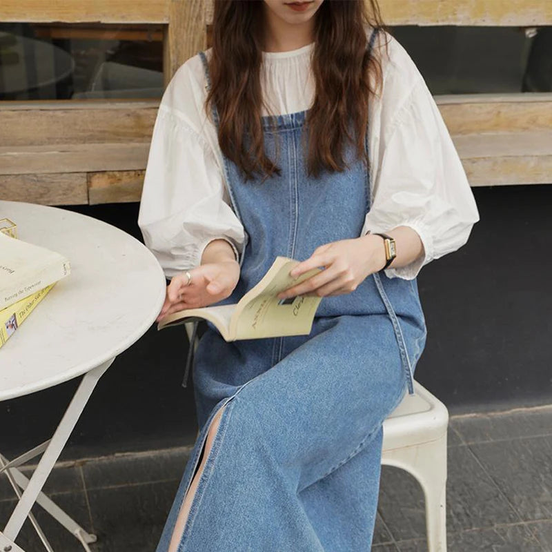 Summer Sleeveless Dress Women Vintage Split Harajuku Korean Sundress Blue Mid-calf Adjustable Strap High Street Simple Irregular