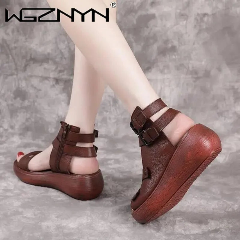 2023 Fish Mouth High Quality Soft PU Leather And Cowhide Summer Roman Shoes Women Sandals Platform Heighten Shoe Wedges Sandals