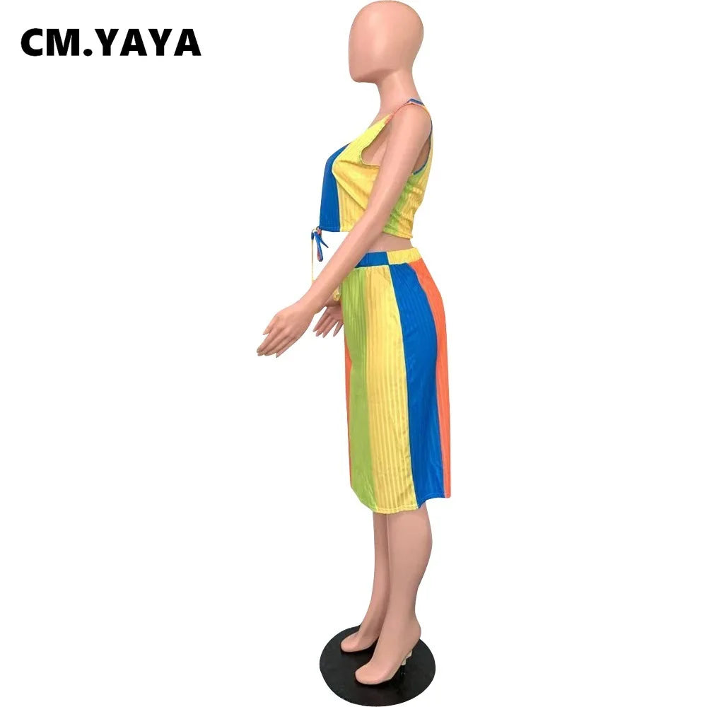 CM.YAYA Women Plus Size Set Patchwork Crop Tanks Tops Drawstring Waist Midi Skirts Two 2 Piece Sets Sexy Fashion Outfit Summer