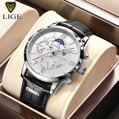 New Mens Watches LIGE Top Brand Luxury Leather Casual Quartz Watch Men's Sport Waterproof Clock Watch Relogio Masculino+Box