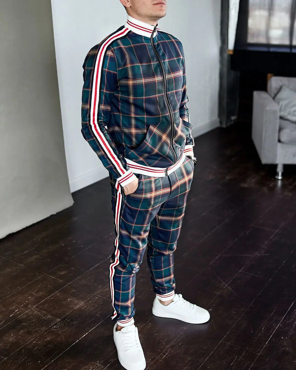 Mens Tracksuits Colorful Plaid Casual Zipper Hoodie Set 3D Print Set New Autumn Male Sweatshirt Clothes For Men
