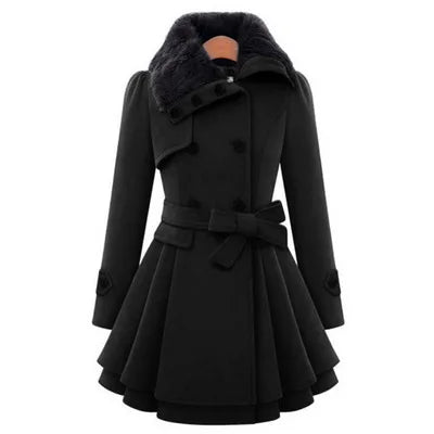 Women's Winter Slim Long Wool Sherpa Coat Double Breasted Padded Korean Cashmere Coat England Style Trench